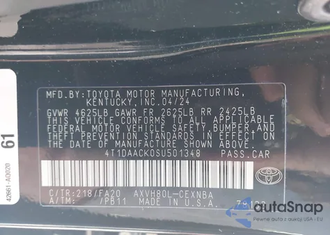 2025 Toyota Camry Le z USA, uszkodzony, nr VIN 4T1DAACK0SU501348